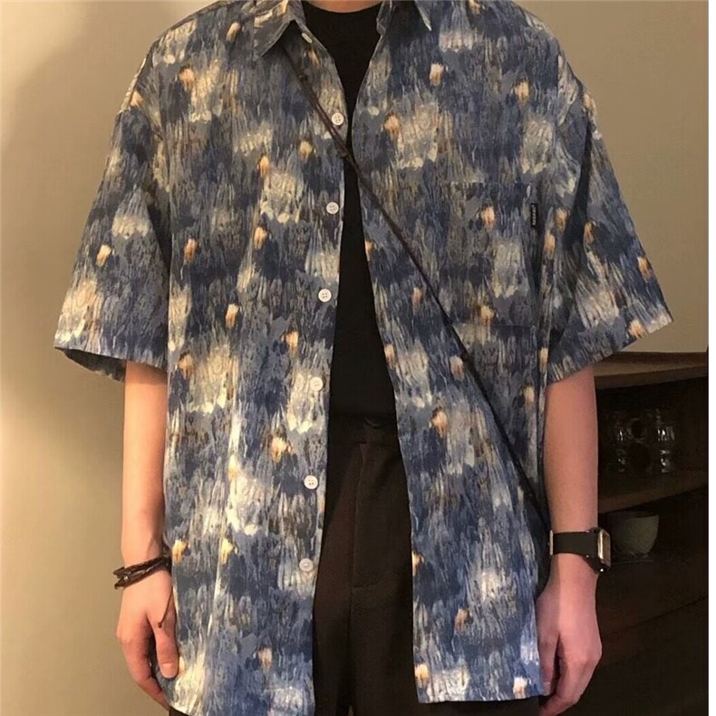 D5241-P35夏季新款美式复古潮牌扎染印花短袖衬衫上衣男-网图现货,男装衬衫,星座603-2
