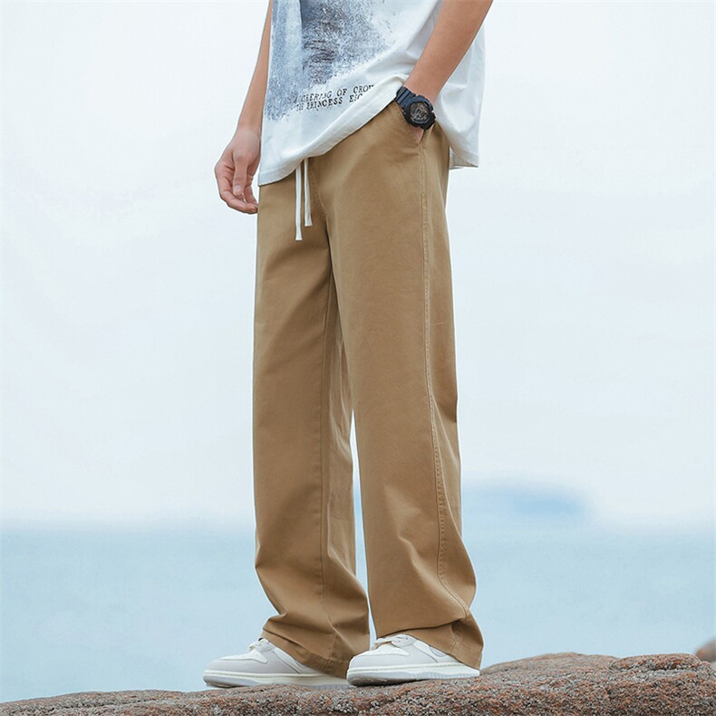 港风纯色休闲裤男春夏季宽松直筒青年阔腿长裤-海景-5051-P55军绿,男装休闲裤,星座307-3(原516-1)
