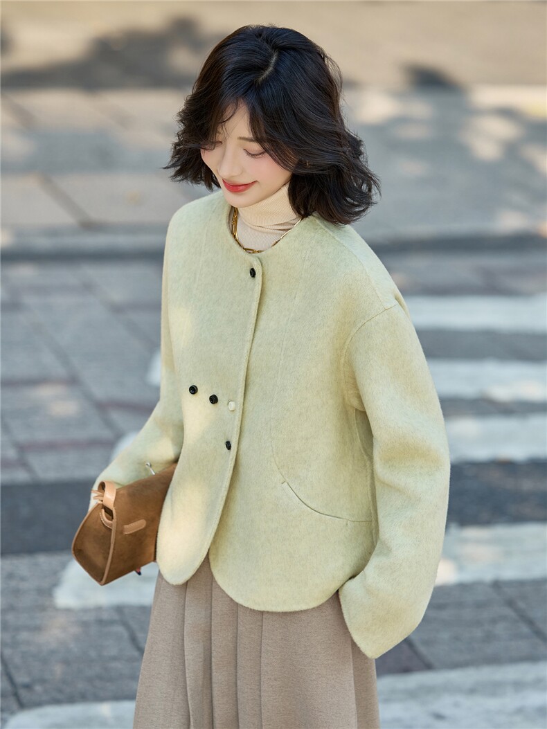 高级感气质短款毛呢外套女2025秋冬新款百搭超好看双面羊毛呢大衣,女装双面呢大衣,美沁