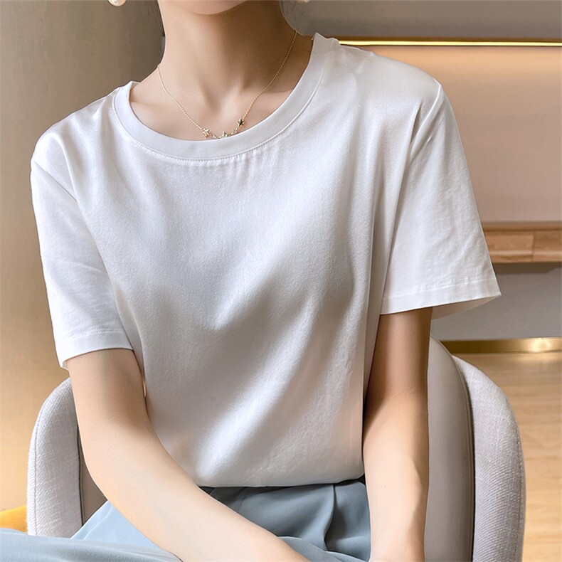重磅真丝t恤女短袖印花桑蚕丝白色圆领小衫2024夏装半袖短款上衣,女装T恤,兴泰羊绒