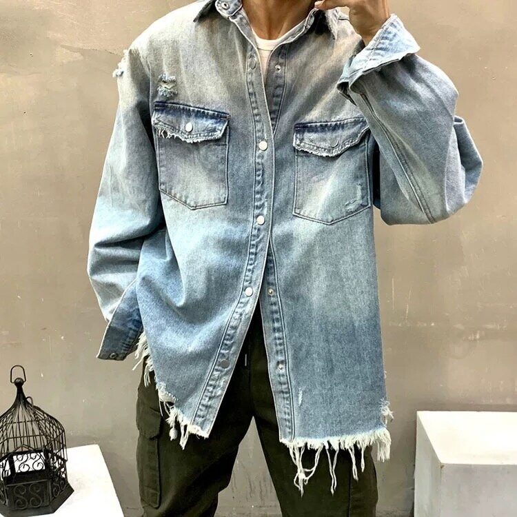 美式复古毛边牛仔夹克男女宽松长袖潮牌搭破洞衬衫外套W6605-P72,男装夹克,星座412-3