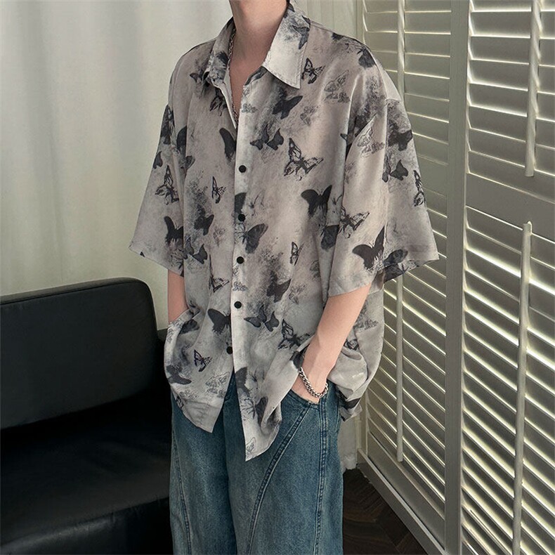 2025现货印花短袖衬衣男潮牌冰丝花衬衫A351-AC25603-p48控89图片