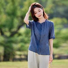 2026年春季文艺风女短袖宽松亲肤透气薄常规苎麻，女装衬衫，江南依恋