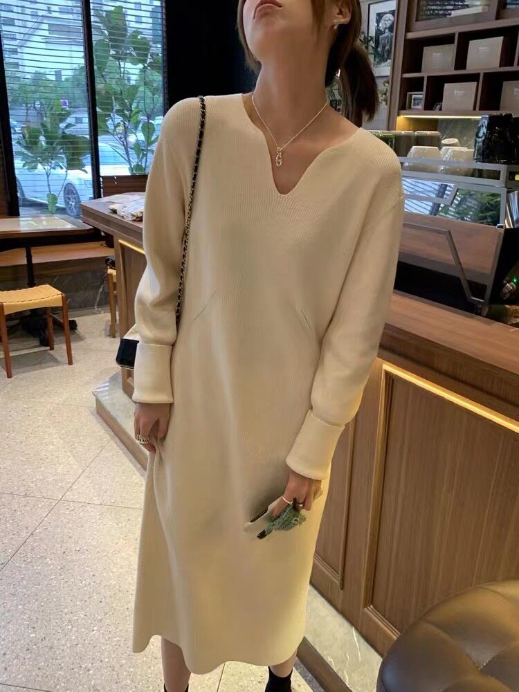 纯色V领套头羊毛针织衫女装宽松舒适休闲打底外穿连衣裙,女装连衣裙,思途羊绒