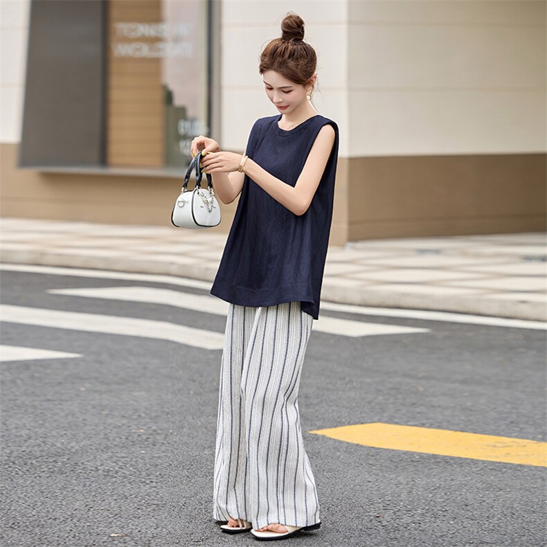 职业气质通勤套装女2025年夏季新款无袖衬衫阔腿裤两件套,女装套装/套裙,韩然一族