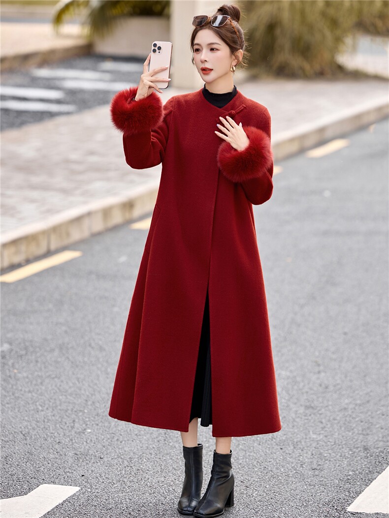 新中双面羊毛中长款大衣2025年新款女装狐狸毛可脱卸修身红色喜庆,女装毛呢外套,玖莱伊