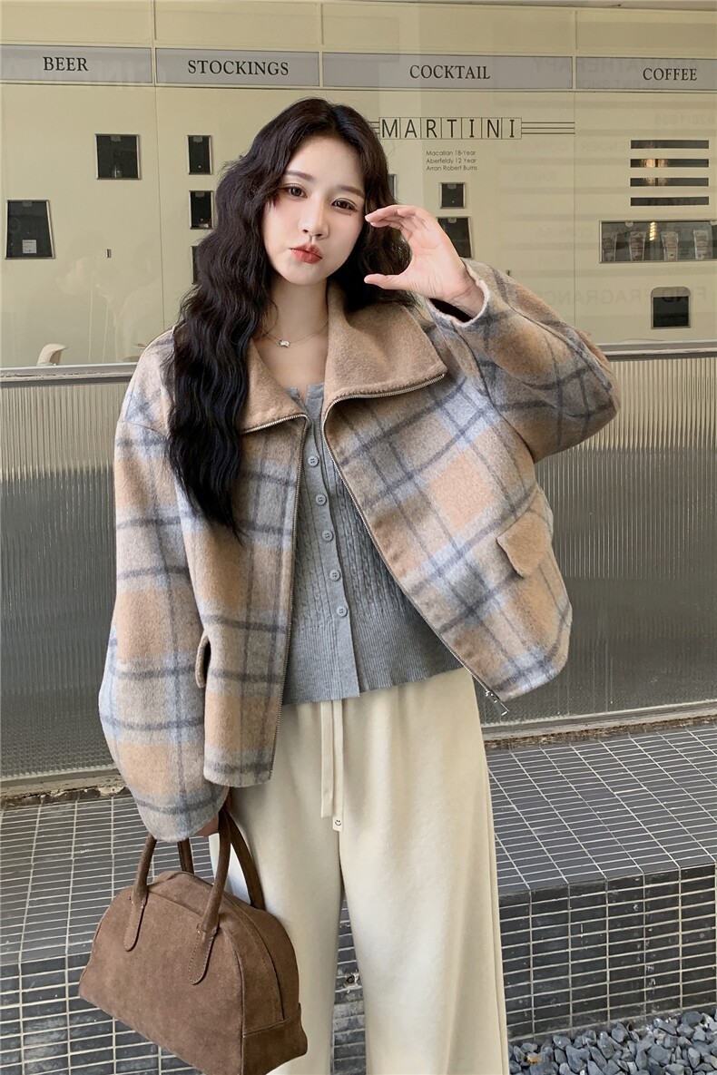 卡其色格子双面呢羊毛大衣女秋2025新款学院风小个子韩系毛呢外套,女装短外套,2C057