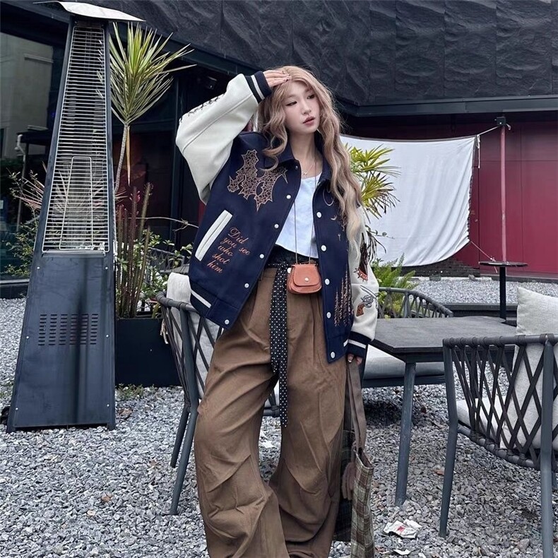 潮牌复古美式棒球服外套男女春秋拼接刺绣字母高街百搭情侣夹克,男装夹克,星座1210-1