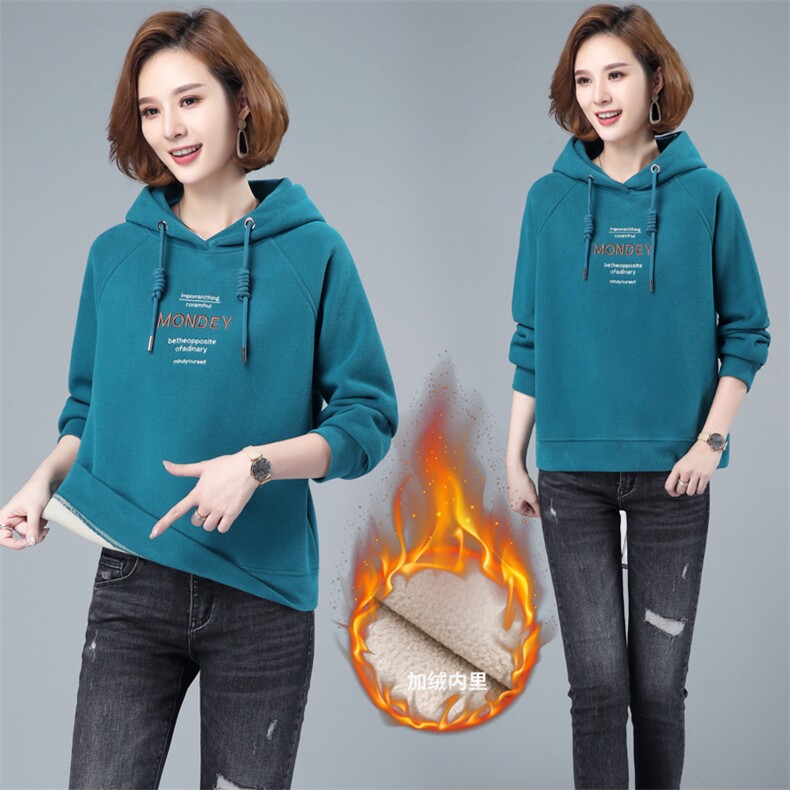 休闲宽松连帽套头加绒加厚磨毛刺绣卫衣衫2024年秋季新款潮打底衫，女装卫衣/绒衫，简韵佳