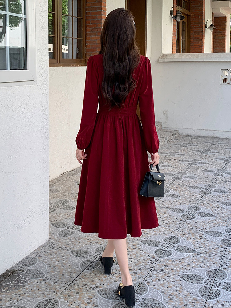 优雅气质红色长袖连衣裙女2025秋季新款收腰显瘦洋气减龄漂亮长裙,女装连衣裙,玖莱伊