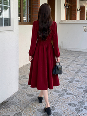 优雅气质红色长袖连衣裙女2025秋季新款收腰显瘦洋气减龄漂亮长裙，女装连衣裙，玖莱伊