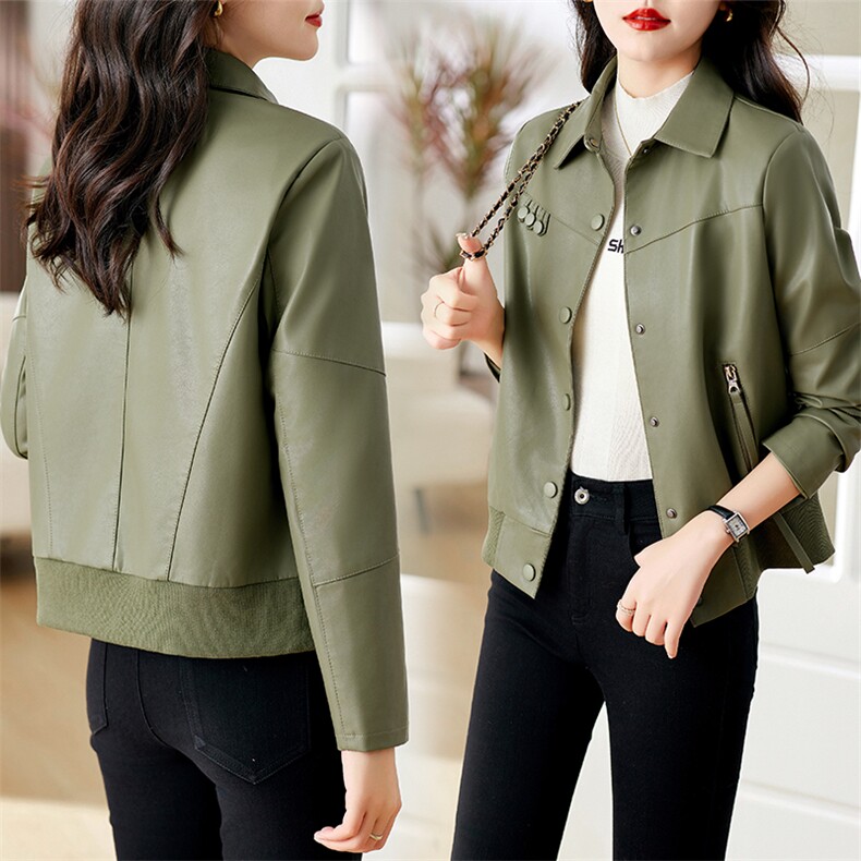 直筒型POLO领休闲短款3D皮夹克显瘦皮衣百搭通用春秋秋季大码，女装皮衣，缘衣格