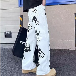 嘻哈美式手掌印窄版牛仔裤男女拖地hiphop炸街图案微喇阔腿长裤潮图片