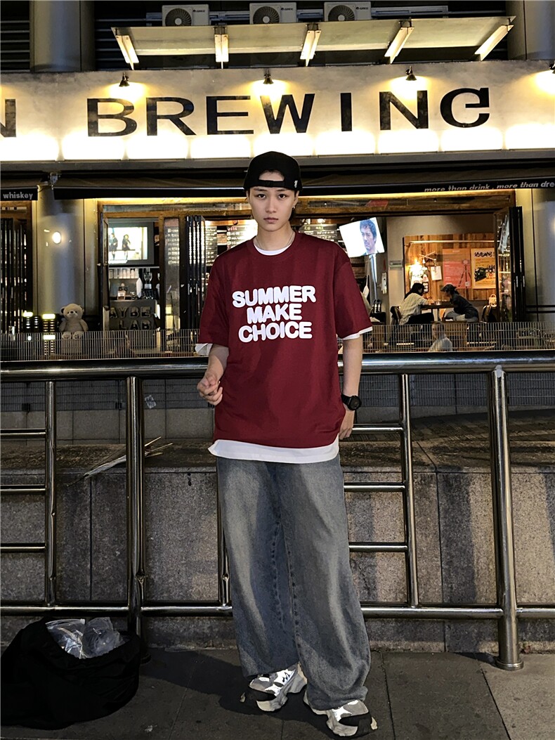 美式复古酒红色短袖t恤ins潮牌重磅宽松纯棉短袖oversize,男装T恤,星座310A-4