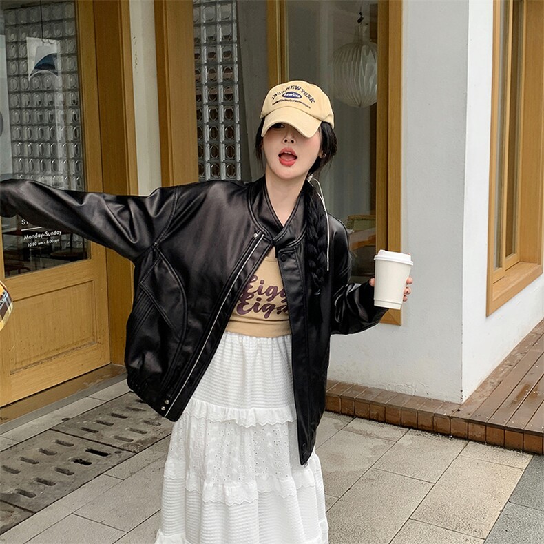 现货2024新美拉德穿搭口碑仿羊皮宝藏私服C位复古皮衣外套女秋冬,女装皮衣,跑量工厂店