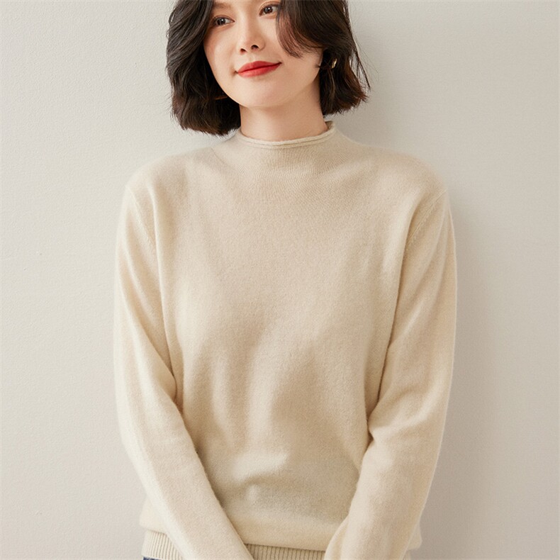 秋冬新款羊绒衫女卷边半高领套头毛衣修身短款纯色针织打底羊毛衫，女装羊绒衫，德尔信羊绒