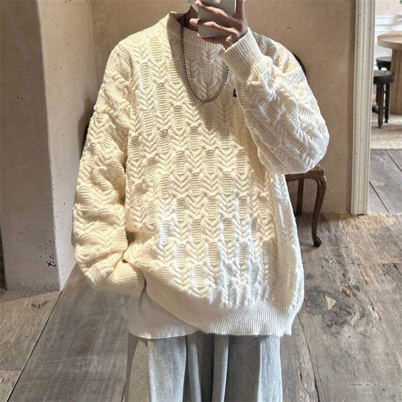 菠萝纹毛衣男麻花手工编织高级感慵懒oversize潮牌冬季加厚针织衫,男装针织衫/毛衣,电商B367