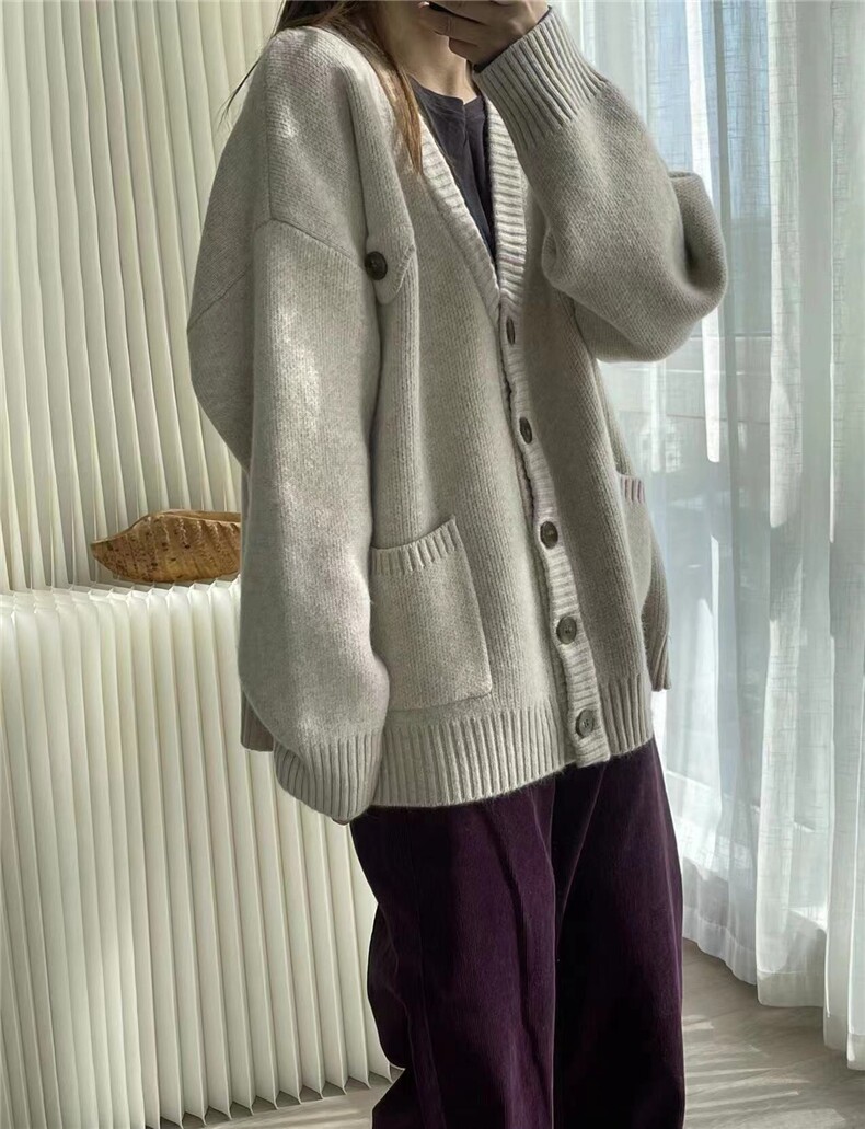 2024春秋新款宽松V领外搭长袖毛衣针织开衫女纯色上衣,女装羊毛衫,纳慈羊绒