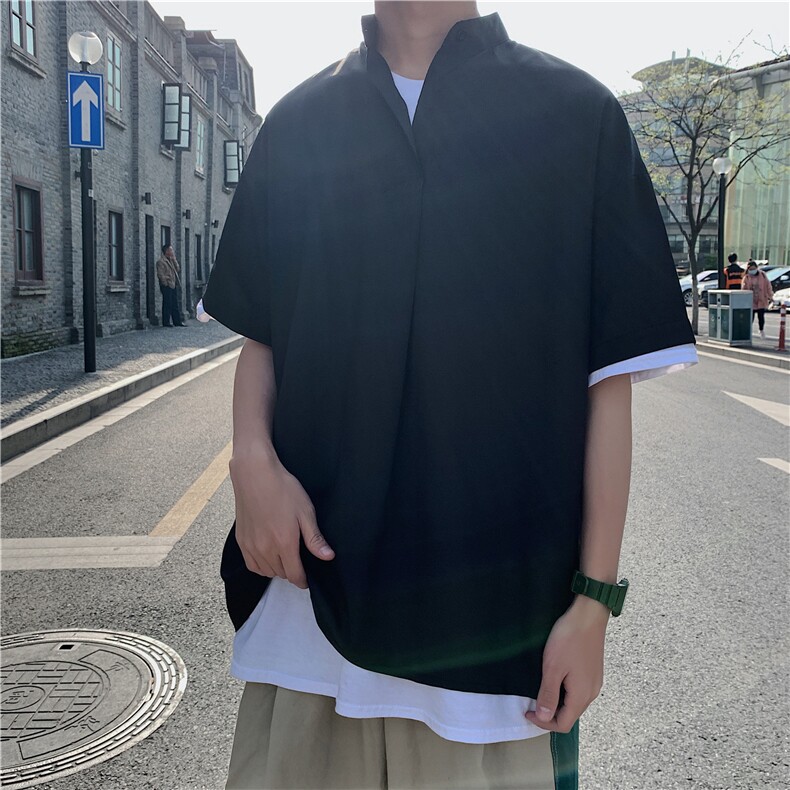 C2027/P35现货夏季男士立领衬衫男韩版宽松休闲大码短袖衬衣男装图片