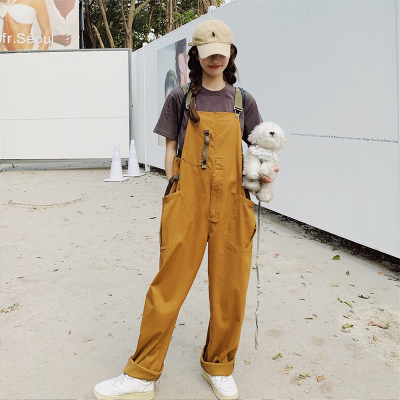 韩版复古减龄宽松工装背带裤女2025春秋季新款洋气显瘦连体阔腿裤,女装连体裤,2C158