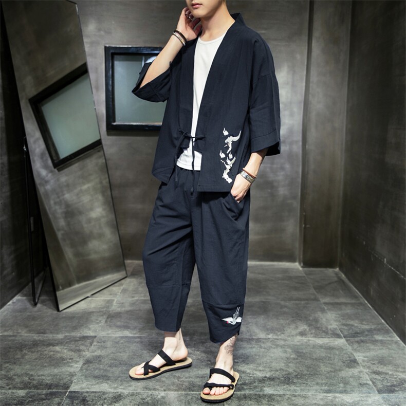 汉服男士唐装男古风风外套披风潮流刺绣道袍套装A810P90，男装休闲套装，钱塘788(原4013)