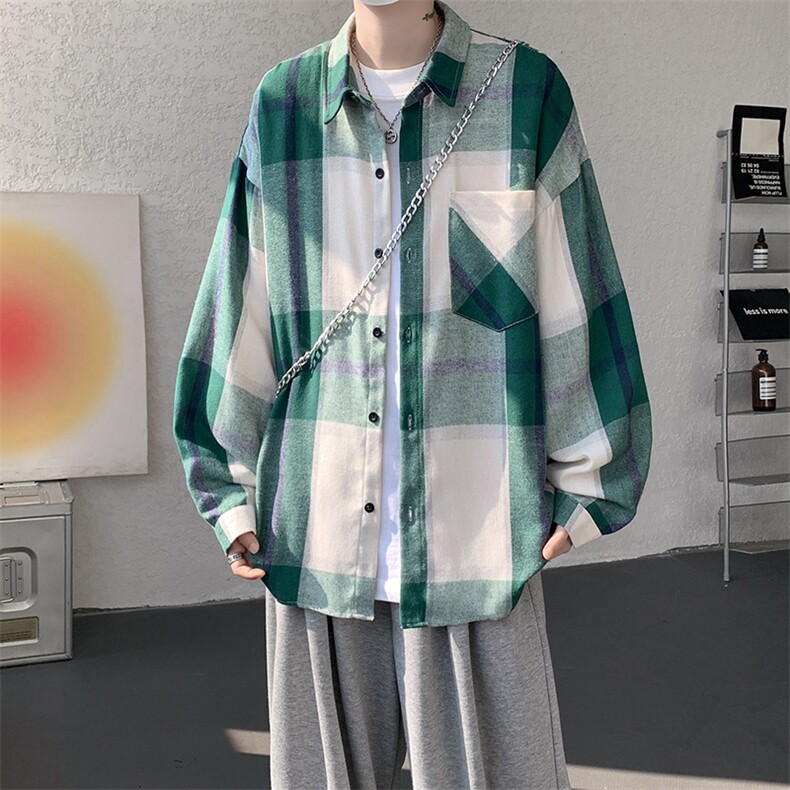 衬衫男春季新款港风宽松大码磨毛格子长袖衬衣CS6636-特P29,男装衬衫,星座214-3