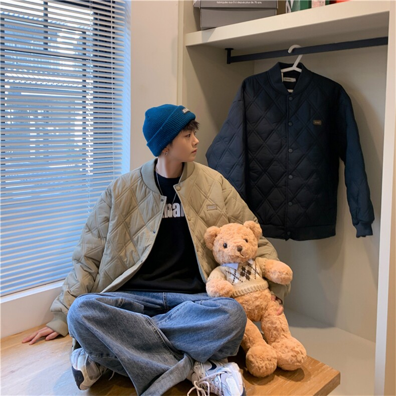 2023冬季棒球领ins菱形格情侣加厚棉服M-3XL潮牌棉衣W2374-P78,男装棉衣,星座512-2