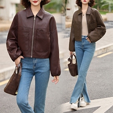 气质翻领短款外套上衣百搭气质开衫复古夹克上衣女，女装皮衣，美拉德工厂直营店