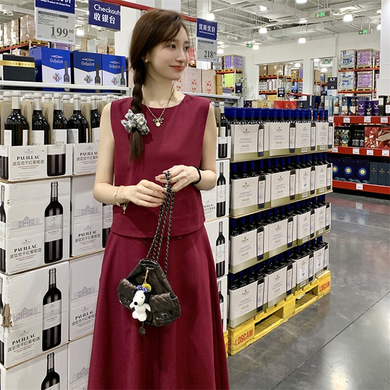 日系休闲红色棉麻连衣裙女夏2025新款轻奢高级感半身长裙两件套装,女装连体裤,浙宝276（原081）