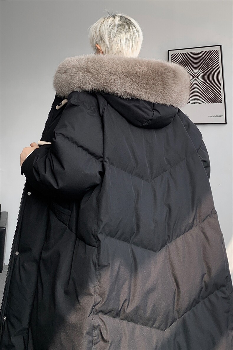 8XL-M90白鸭绒大毛领羽绒服男中长款过膝设计感牛角扣YRFC05P398,男装羽绒服,电商D206-1