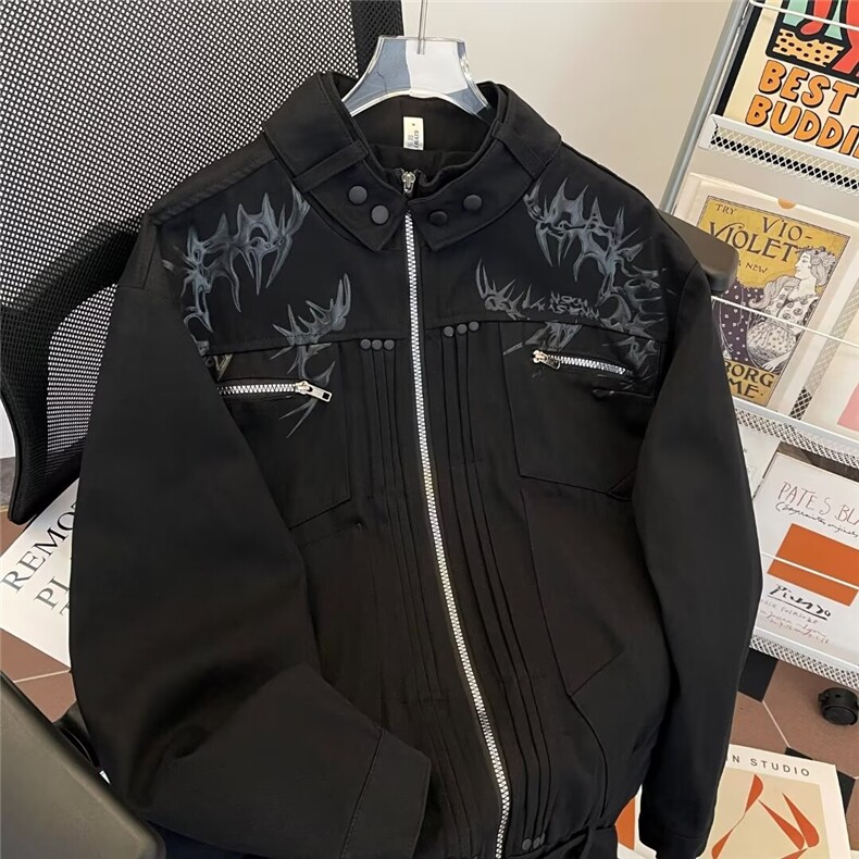 美式披荆斩棘款牛仔外套男春秋潮流设计感情侣高街夹克W9332/P86图片