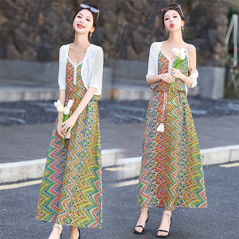 2024夏装新款时尚简约针织披肩+碎花连衣裙套装两件套，女装套装/套裙，歌伊格美