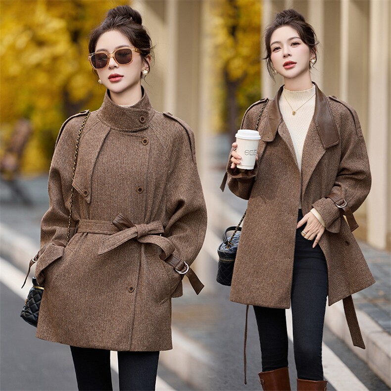 高级感PU皮拼接毛呢外套女2025秋冬新款小个子收腰显瘦英伦风大衣，女装毛呢外套，依如秀(原杭风阁)