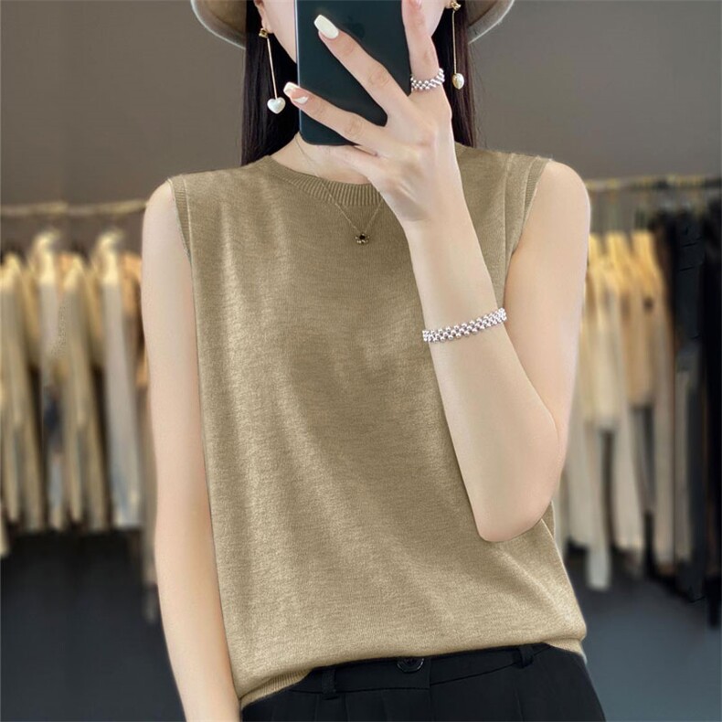 一线成衣短袖女圆领薄款纯色无袖软糯打底针织衫宽松T恤,女装背心吊带,暖烁羊绒
