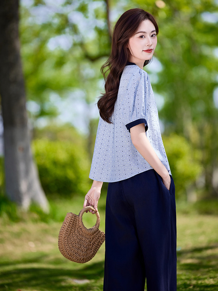 时尚休闲气质衬衫套装女2025夏新款宽松减龄显瘦亚麻阔腿裤两件套,女装套装/套裙,靓衣阁