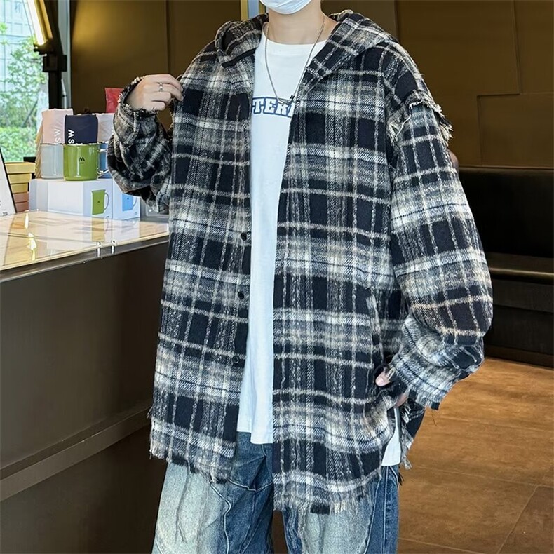 方领常规款宽松版美式复古长袖毛边青少年春秋格子标准潮J209/P58,男装卫衣,星座506