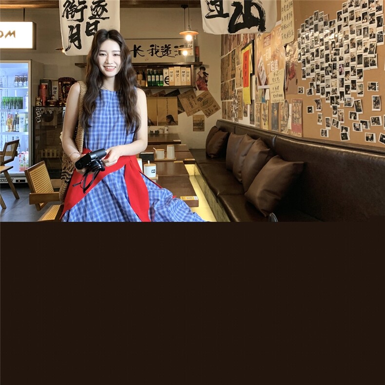 法式设计感格纹无袖连衣裙2025年夏季新款宽松显瘦减龄休闲长裙女图片
