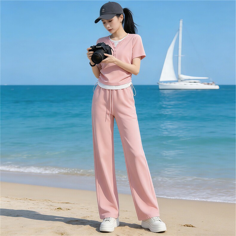 高品质时尚气质减龄套装女夏季新款拼接假两件上衣阔腿长裤两件套,女装套装/套裙,江南