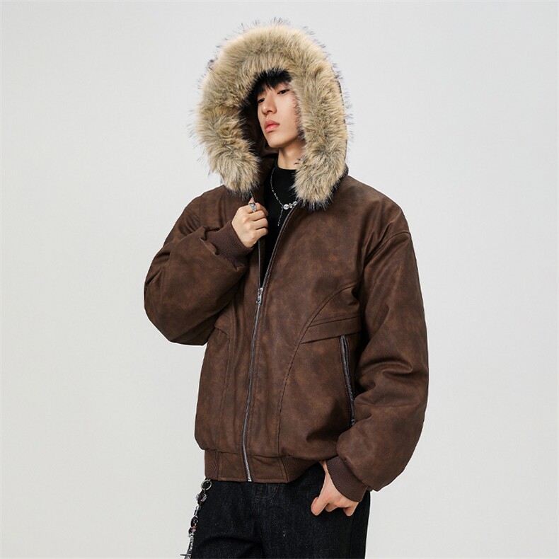 现货扎染PU皮棉服男冬季加厚连帽棉衣座山雕大毛领外套M090-P120,男装棉衣,星座308B-2