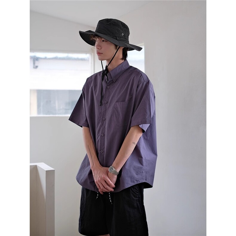 夏季新款口袋紫色工装短袖衬衫日系复古少年感文艺防晒宽松衬衣男，男装防晒衣，星座506A