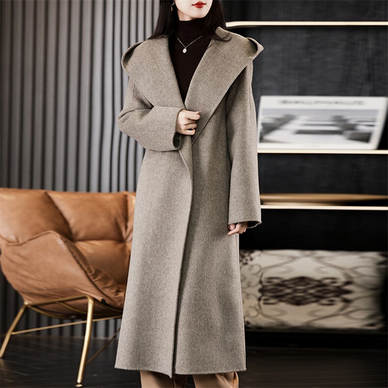 反季促销长款连帽羊毛大衣女气质百搭简约精品双面呢外套混灰色，女装双面呢大衣，贝源羊绒