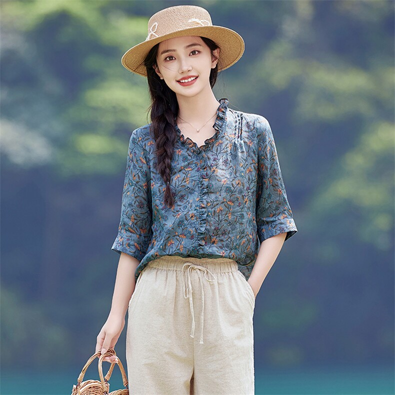 2026年春季女短袖宽松常规苎麻，女装衬衫，江南依恋