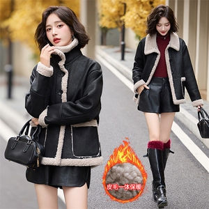 皮毛一体仿羊羔毛外套女短款2024新款秋冬季加绒机车服加厚皮夹克图片