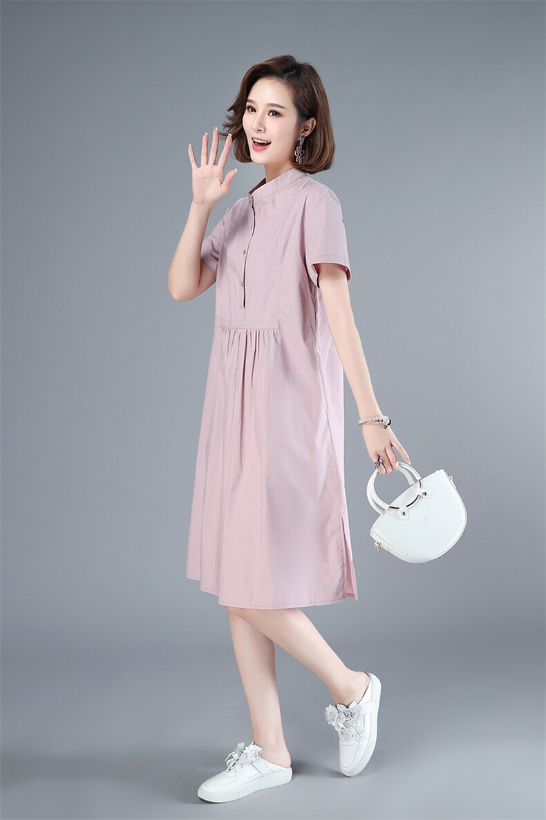 2021年夏季中长款A字裙通勤韩版40-49周岁立领短袖套头裙子,女装连衣裙,伊满意