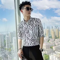 夏季冰丝中袖花衬衫男潮牌痞帅男装高级感短袖衬衣发型师寸衫，男装T恤，星座506A