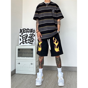 港风 纯棉320G重磅水洗做旧印花短裤A014-DY2375-P50控68图片