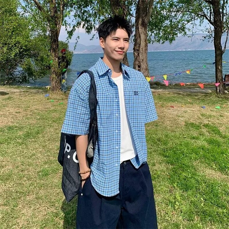 2025夏季新款日系复古格子衬衫男翻领薄款宽松半袖衬衣CSA52-P40,男装T恤,星座208-5