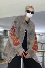美式复古水洗破坏毛边火焰刺绣牛仔外套潮男女款秋季新款宽松夹克，男装夹克，星座505-2（原电商A260-1)