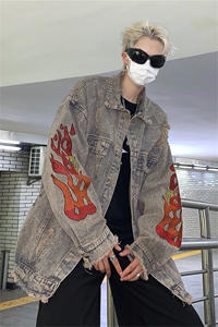 美式复古水洗破坏毛边火焰刺绣牛仔外套潮男女款秋季新款宽松夹克图片