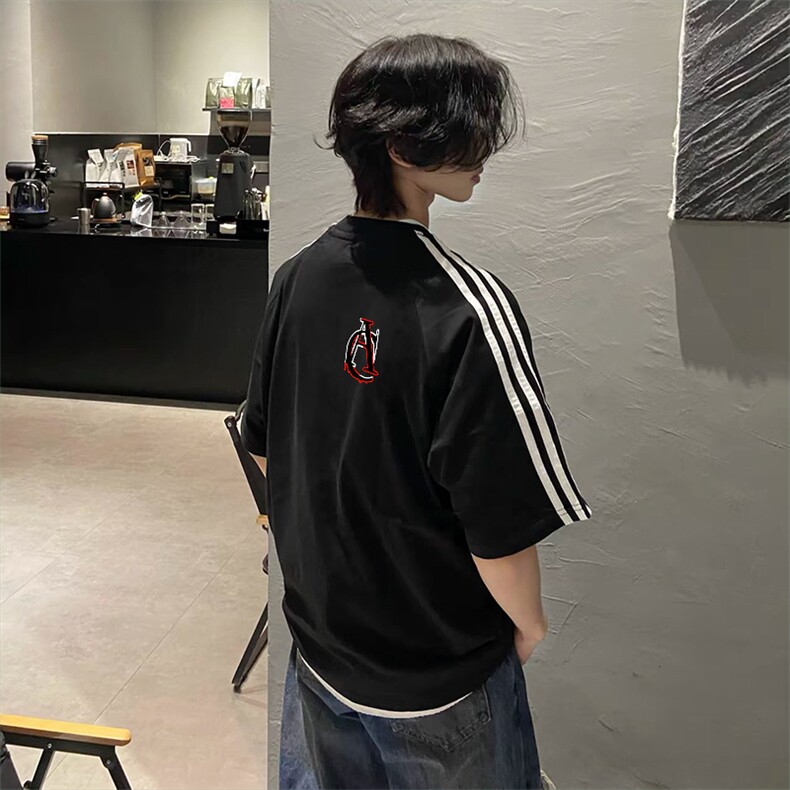 抖音得物高品质二开240克宽松纯棉美式潮牌三条杠织带短袖T恤图片